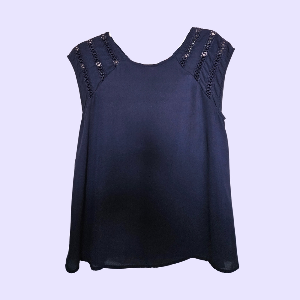 Cap-sleeve blouse with eyelet detail, Navy, Size M